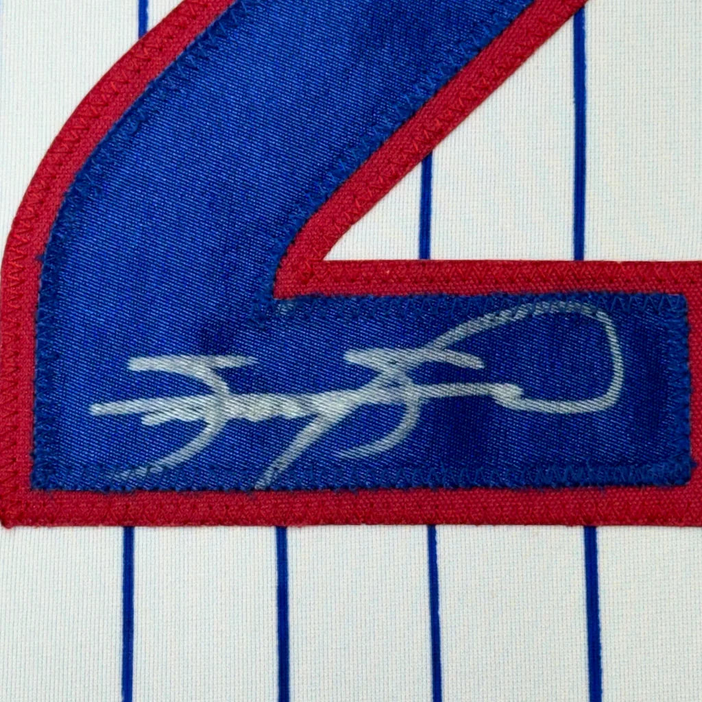 Framed autographed Sammy Sosa Chicago Pinstripe jersey with blue red embroidered patch