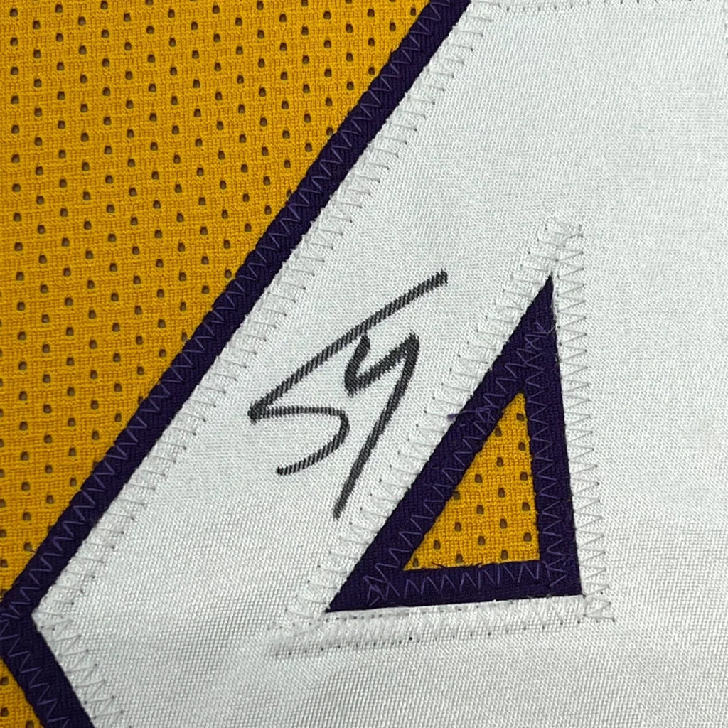 Framed Autographed Shaquille Shaq O'Neal 35x39 Los Angeles LA Yellow Basketball Jersey Beckett BAS COA | Certified Authentic Signed Memorabilia | vintageantiquesgifts.com