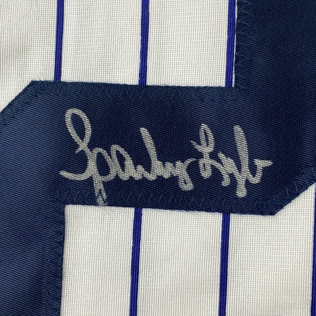 Framed autographed Sparky Lyle New York Pinstripe jersey with Spalding label