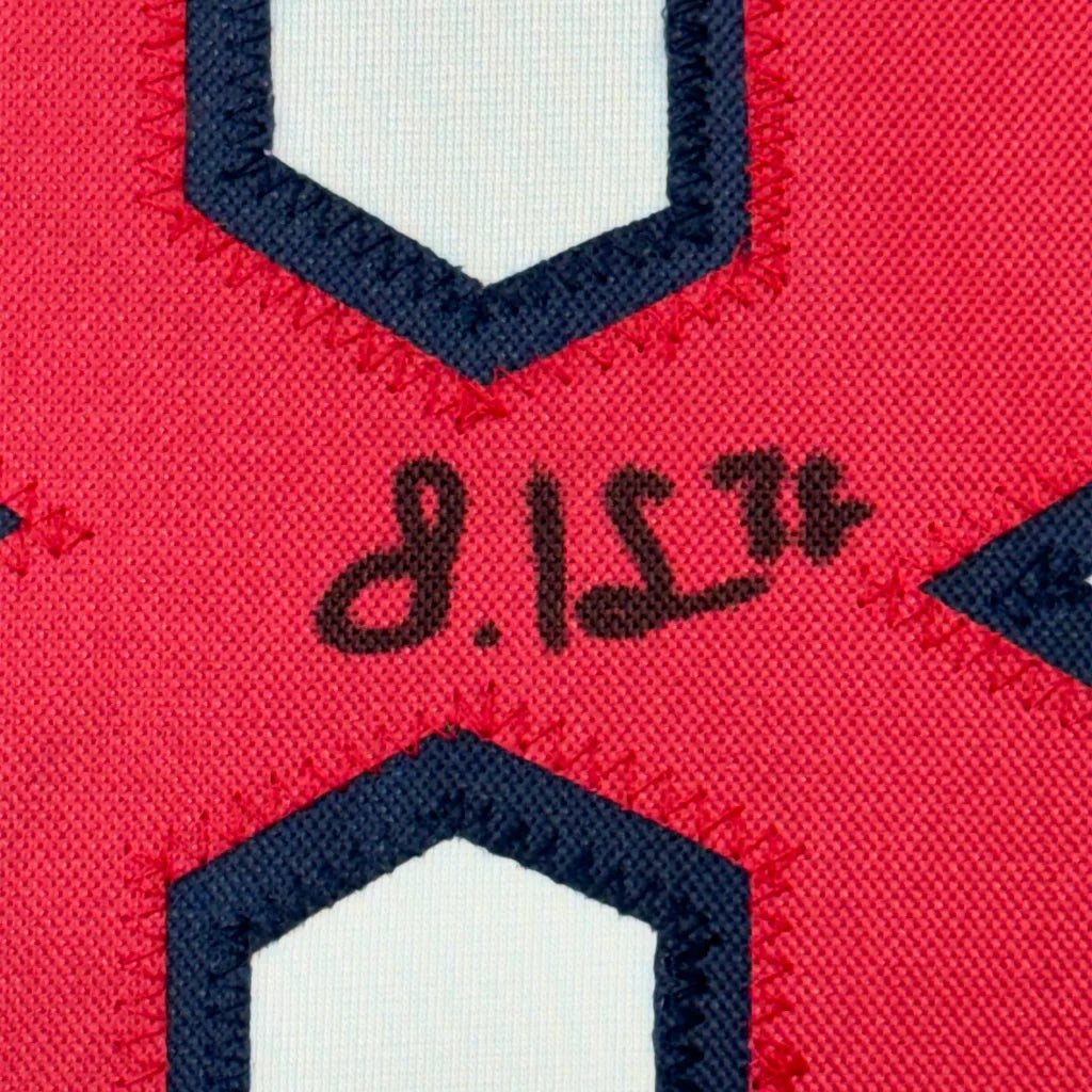 Red fabric with navy blue and white accents on Autographed Baseball Jersey with Photos