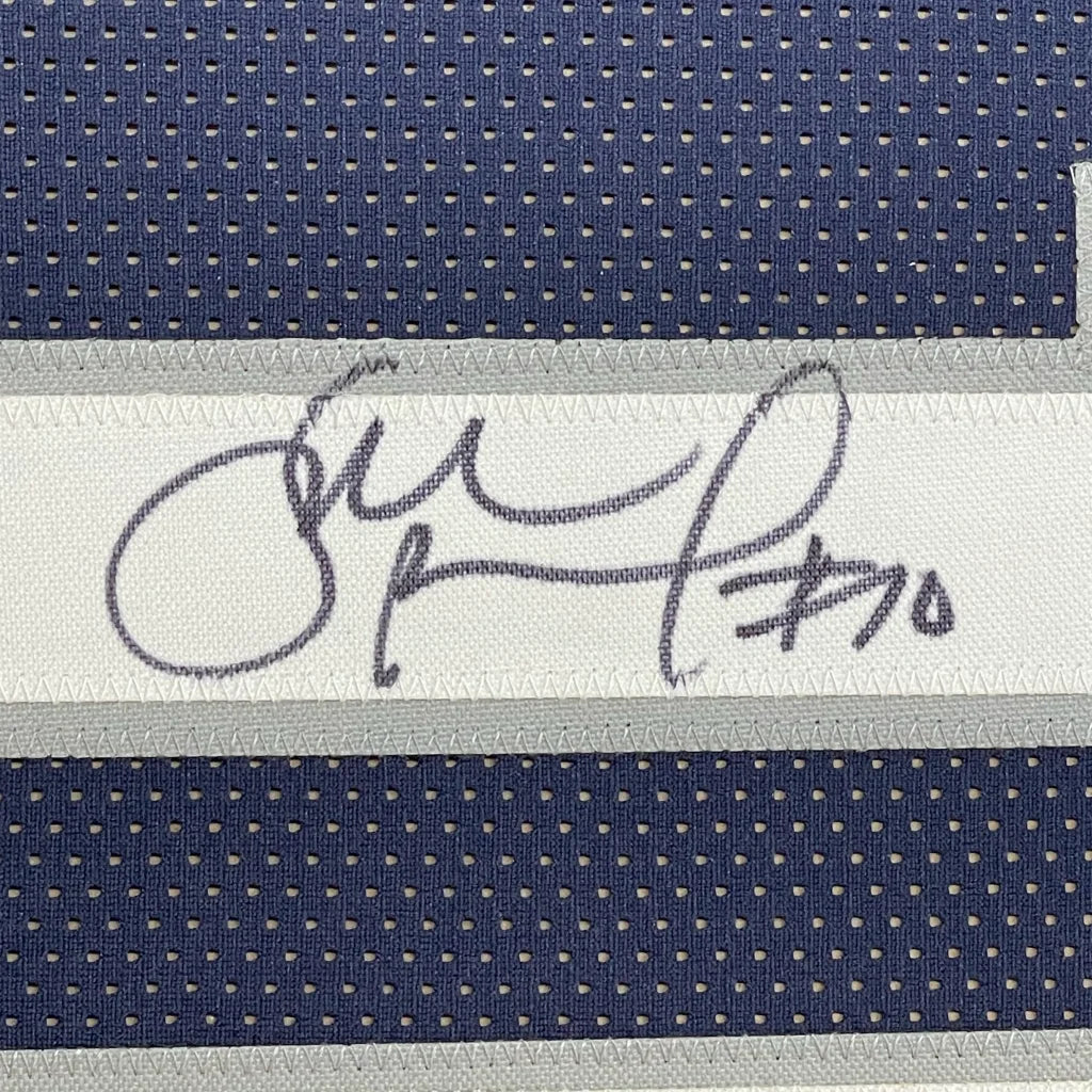 Autographed Blue and White Sue Bird Jersey with Photos ready to hang on your wall