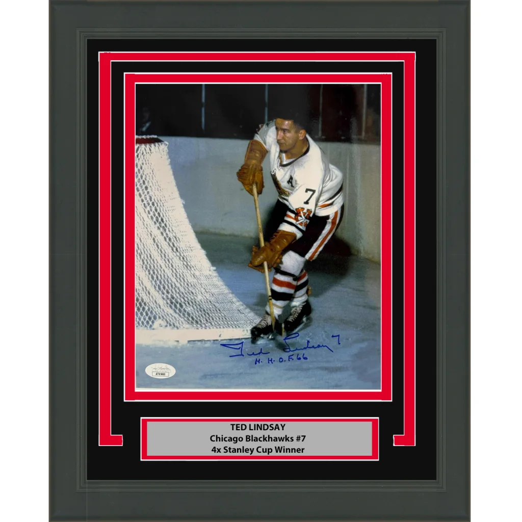 Framed autographed Ted Lindsay Chicago Blackhawks photo ready to display