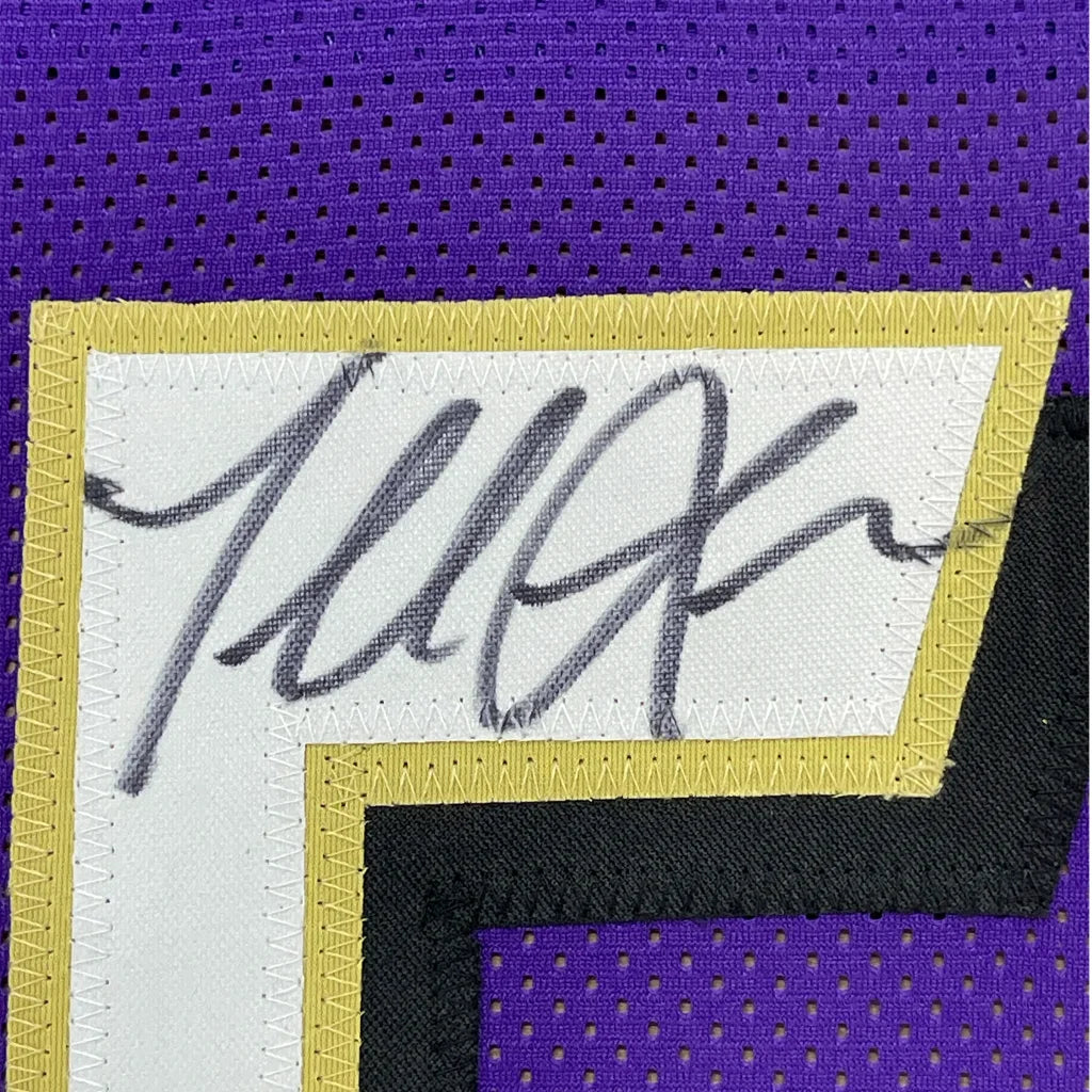 Framed Autographed Terrell Suggs 35x39 Baltimore Purple Football Jersey JSA COA | Certified Authentic Signed Memorabilia | vintageantiquesgifts.com