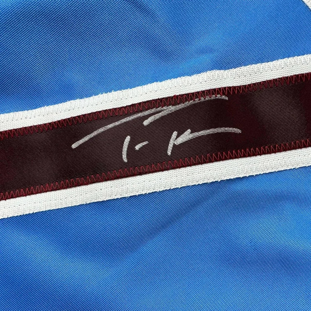 Blue fabric with dark red and white stripes, signed in white, for framed autographed jersey