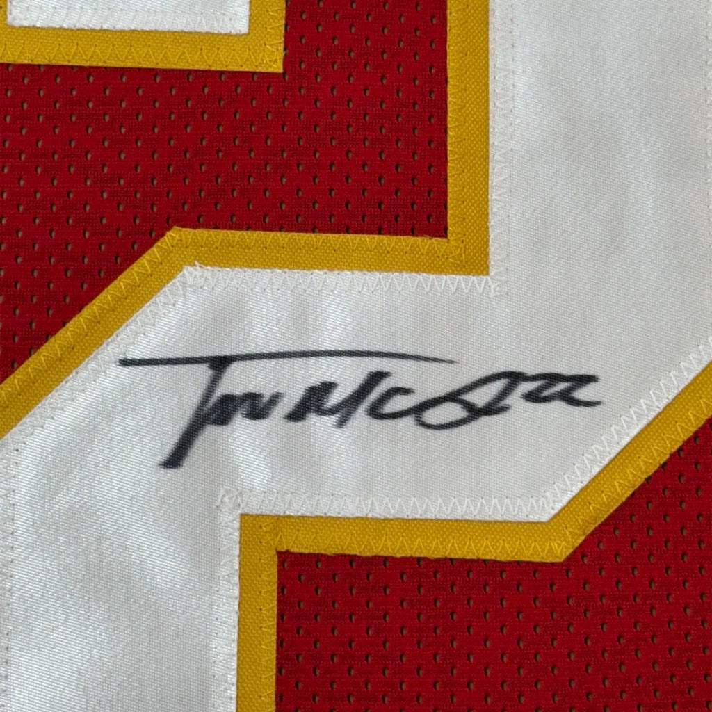 Framed Autographed Trent McDuffie 35x39 Kansas City Red Football Jersey JSA COA | Certified Authentic Signed Memorabilia | vintageantiquesgifts.com