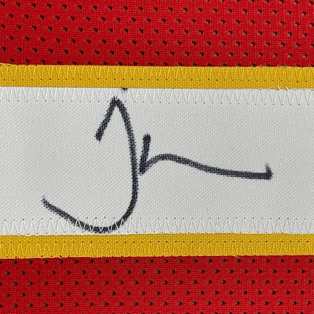 Framed autographed Tyreek Hill Kansas City red jersey with black stitched signature on white fabric strip, yellow and red perforated mesh border, JSA COA