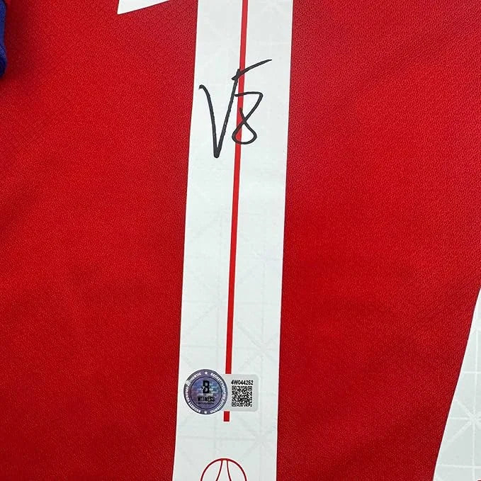 Framed Autographed Vitinha 35x39 PSG Paris Saint Germain Red Soccer Futbol Jersey Beckett BAS COA | Certified Authentic Signed Memorabilia | vintageantiquesgifts.com