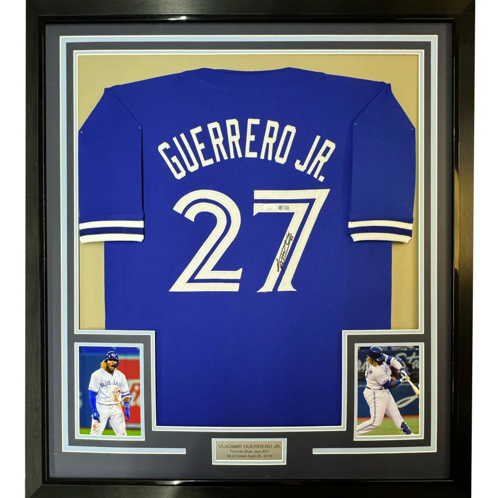 Framed autographed Toronto Blue Jays Vladimir Guerrero Jr. #27 jersey with PSA/DNA COA