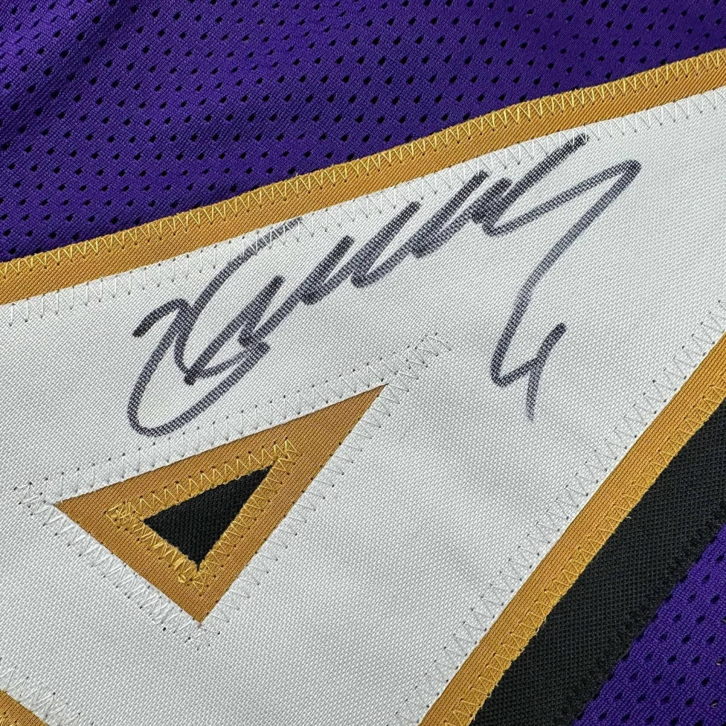 Autographed Purple and Gold Zay Flowers Ravens Jersey ready to display
