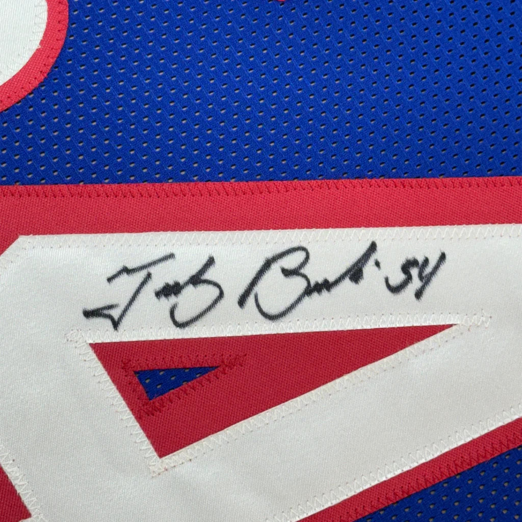 Blue sports jersey with red and white number and black autograph for Man Cave decor