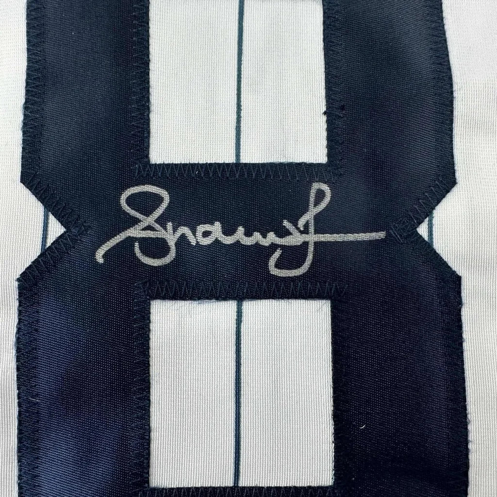 Autographed Baseball Jersey with Number 8 and Photos in Frame