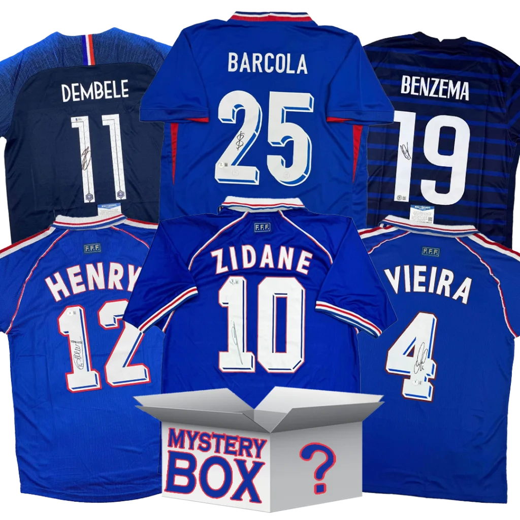 Blue France jerseys backs: signed Dembele 11, Barcola 25, Benzema 19, Henry 12, Zidane 10