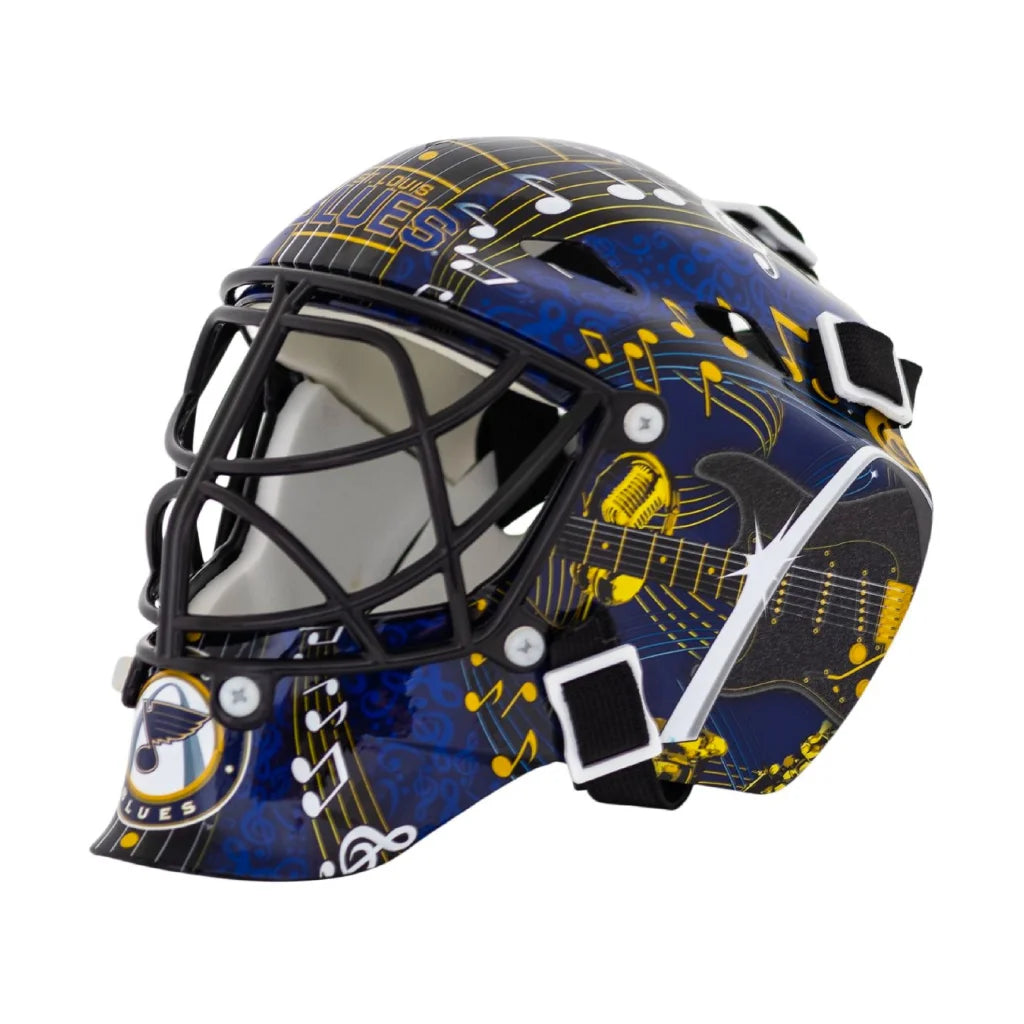 Franklin Sports blue yellow mini goalie mask with chrome cage