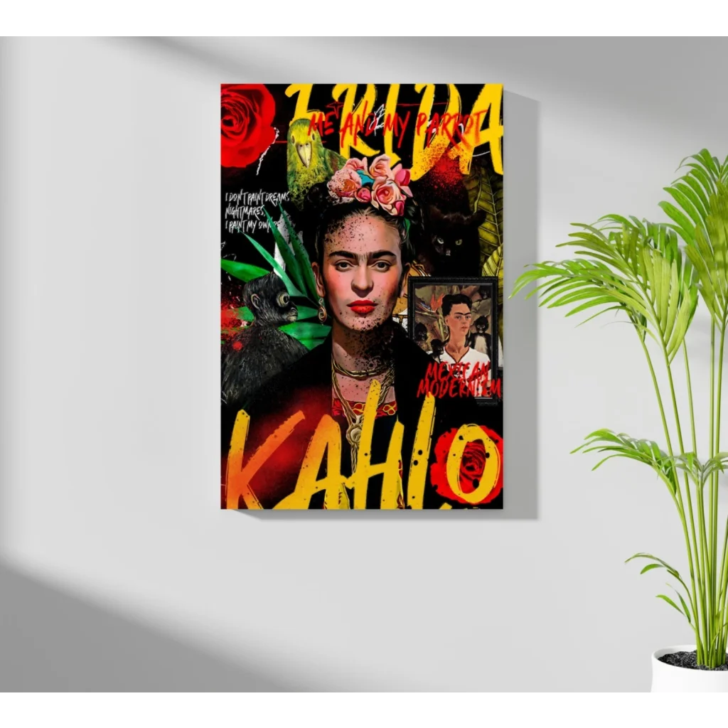Frida Kahlo pop art on insigne aluminum prints with vibrant yellow red floral collage