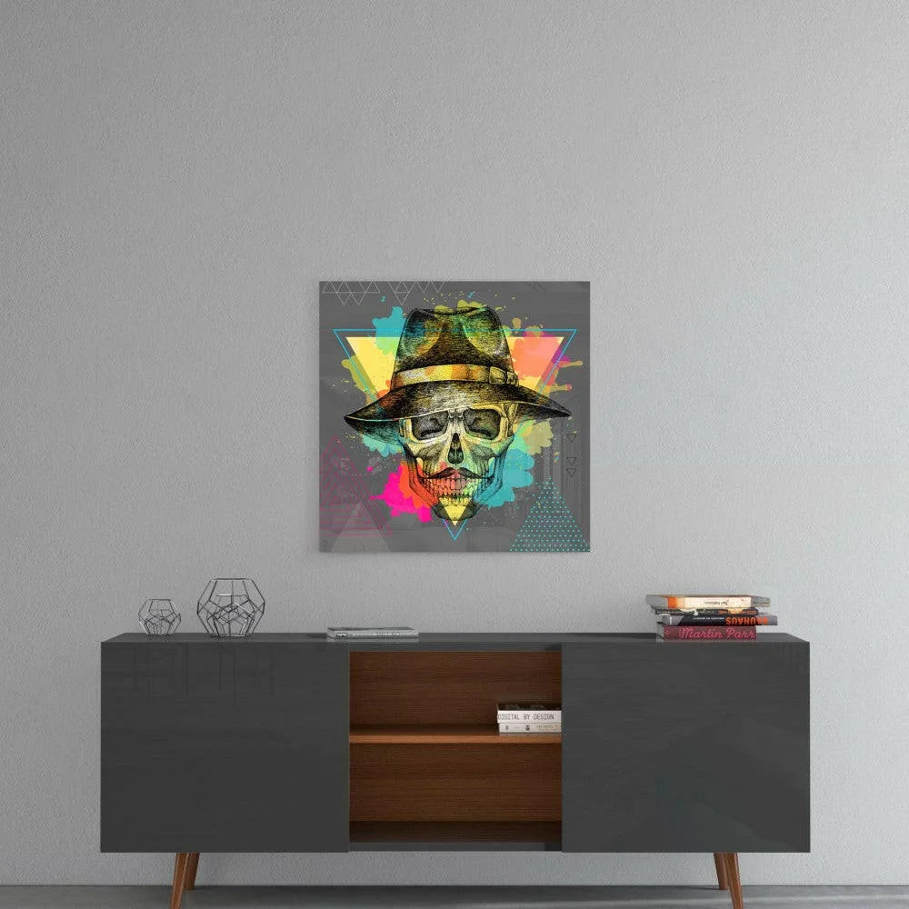 Funky skull glass wall art with neon fedora, sunglasses on metallic vibe