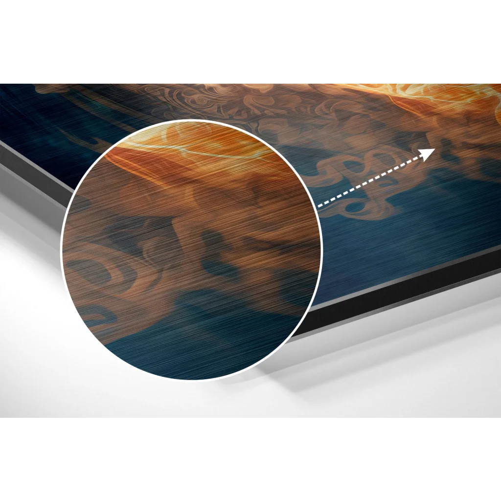 Sleek TV displaying vibrant tiger flames on brushed aluminium dibond art