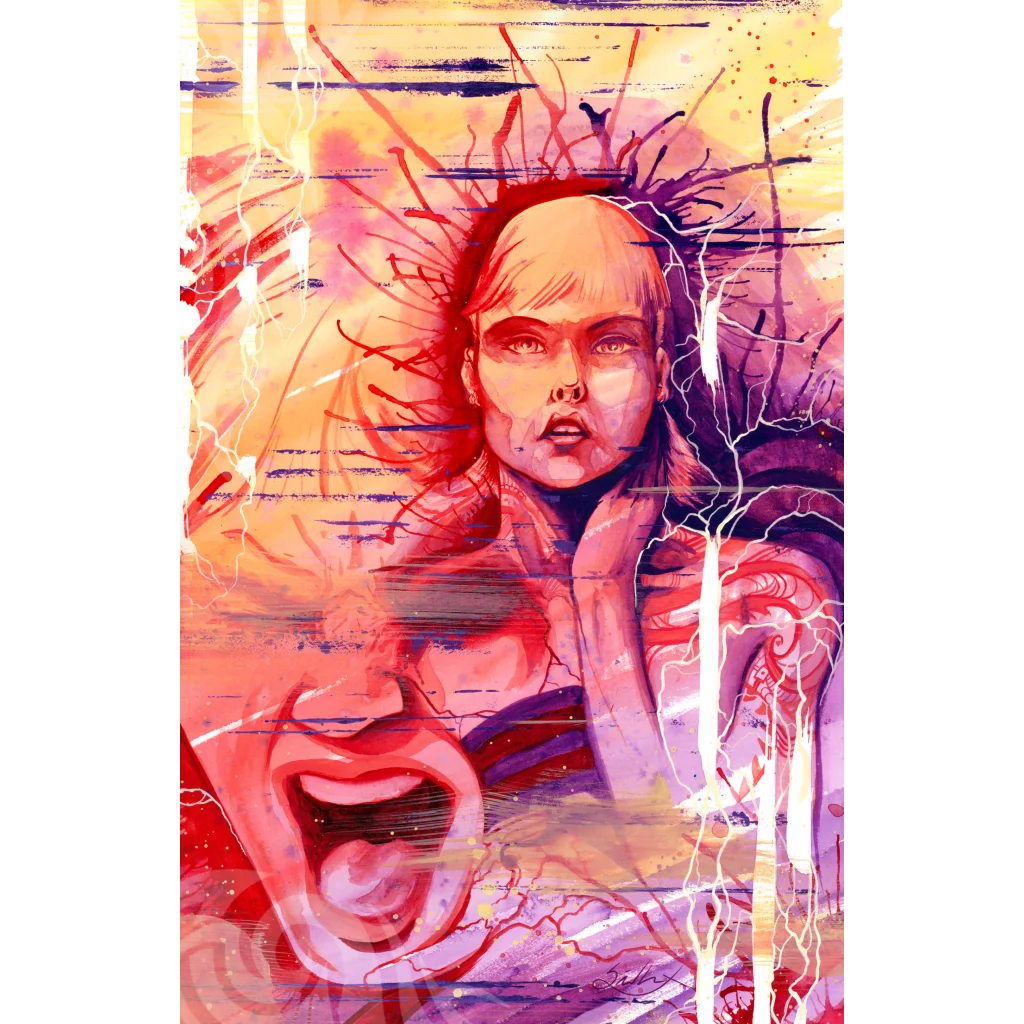 Vibrant expressionistic painting of a woman’s face with chaotic colorful strokes and a screaming mouth in Gabriel’s World Changing Trigger art