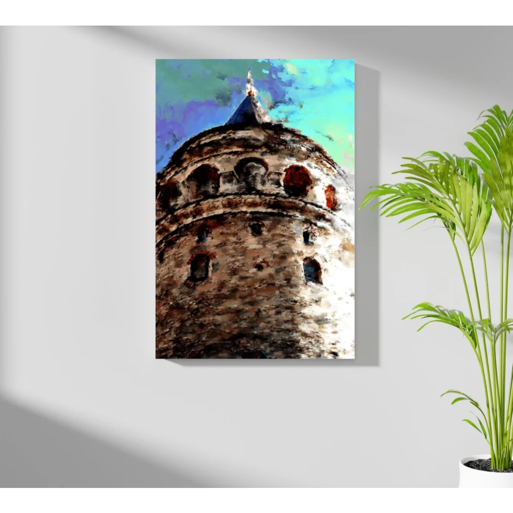 Insigne aluminum prints of stylized Galata Tower with textured stone walls and vibrant sky
