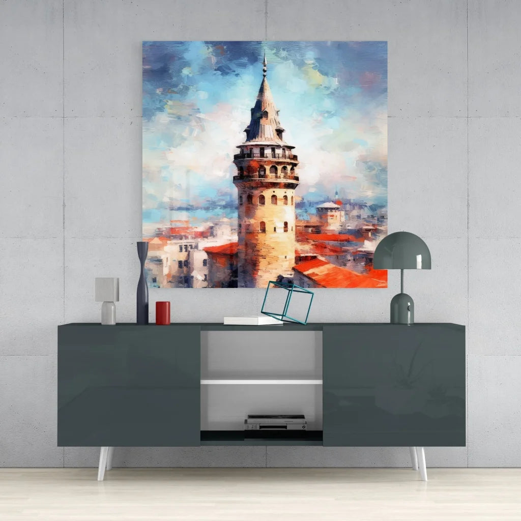Vibrant impressionist Galata Tower tempered glass art