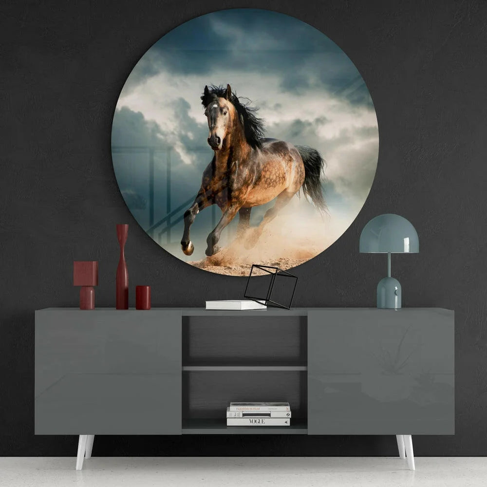 Galloping black horse tempered glass art with size guide