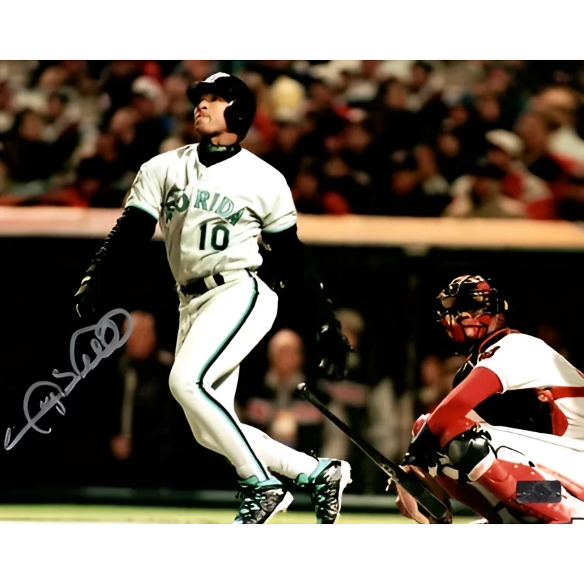 Autographed Florida Marlins 8x10 photo of Gary Sheffield jersey