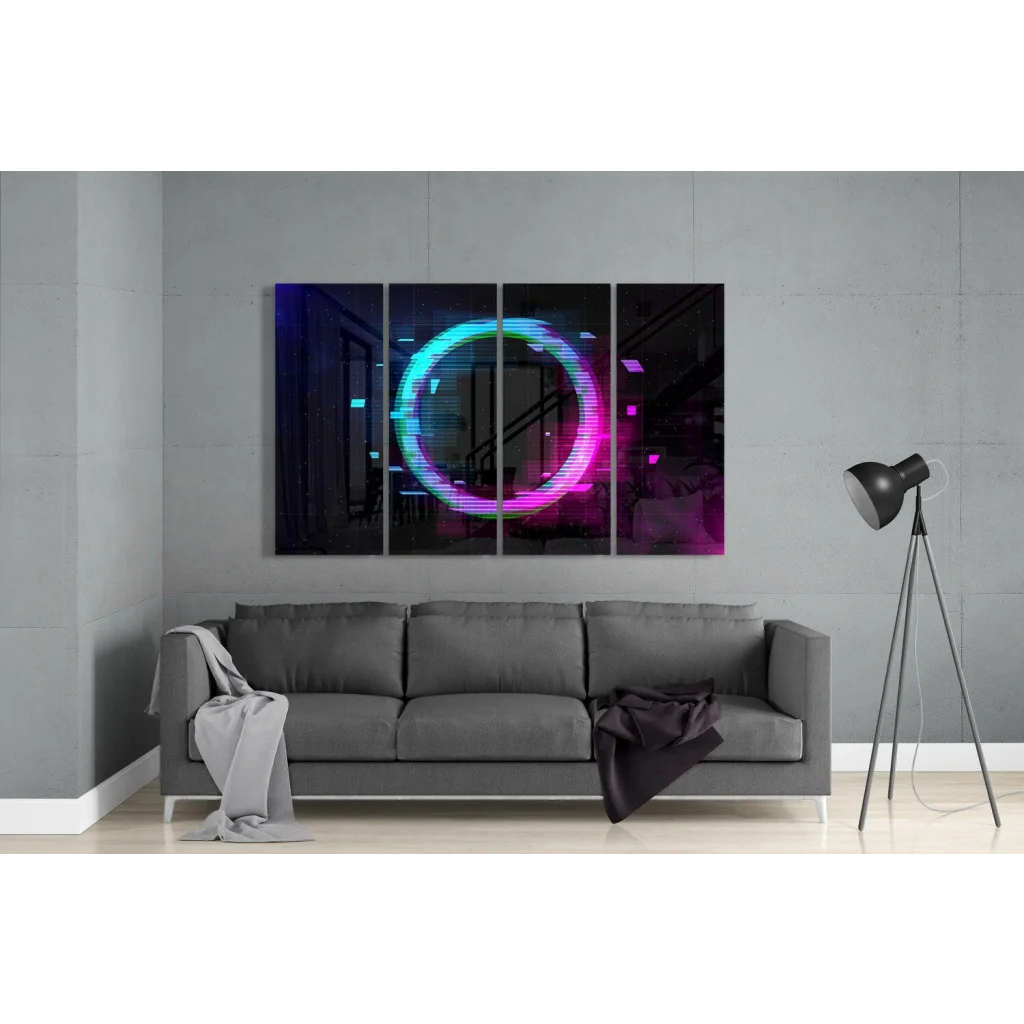 Vibrant neon glow circle glass wall art in electric blue and pink