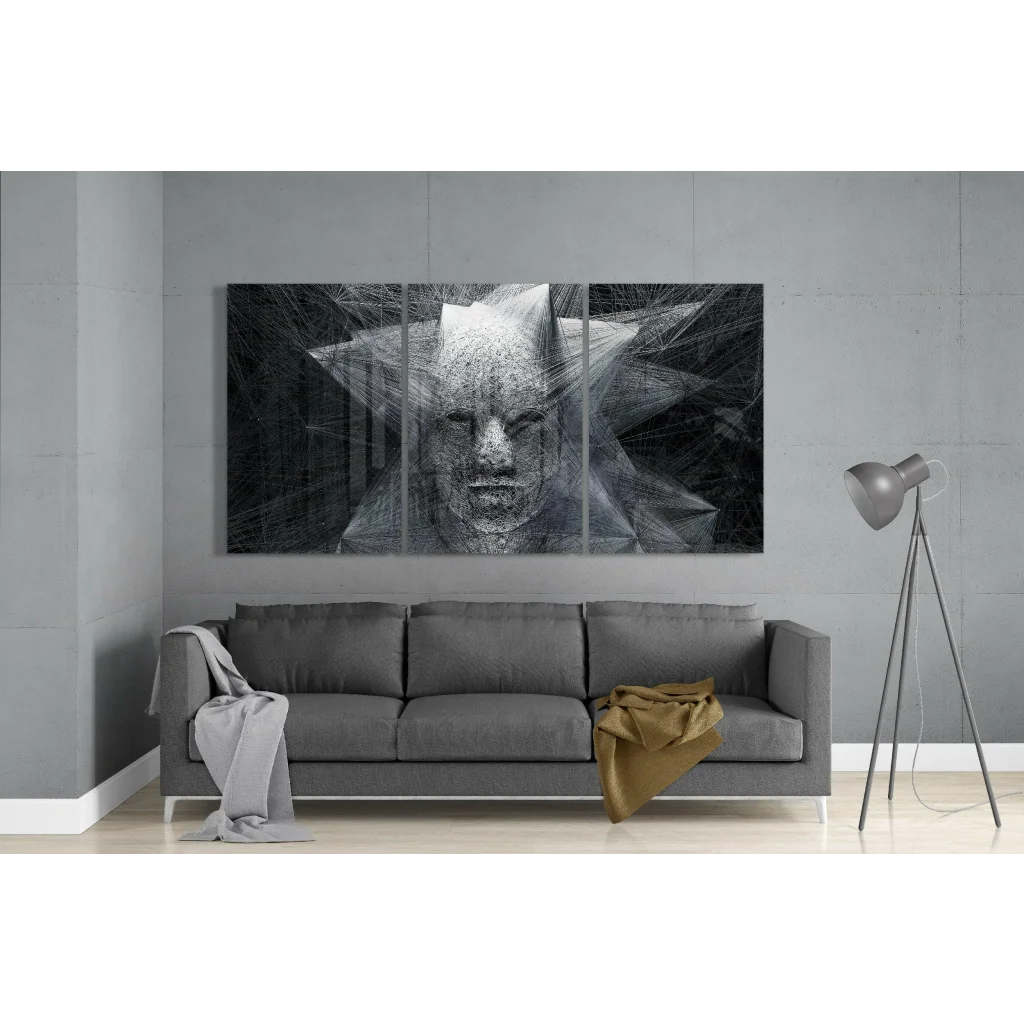 Black and white geometric face triptych wall art