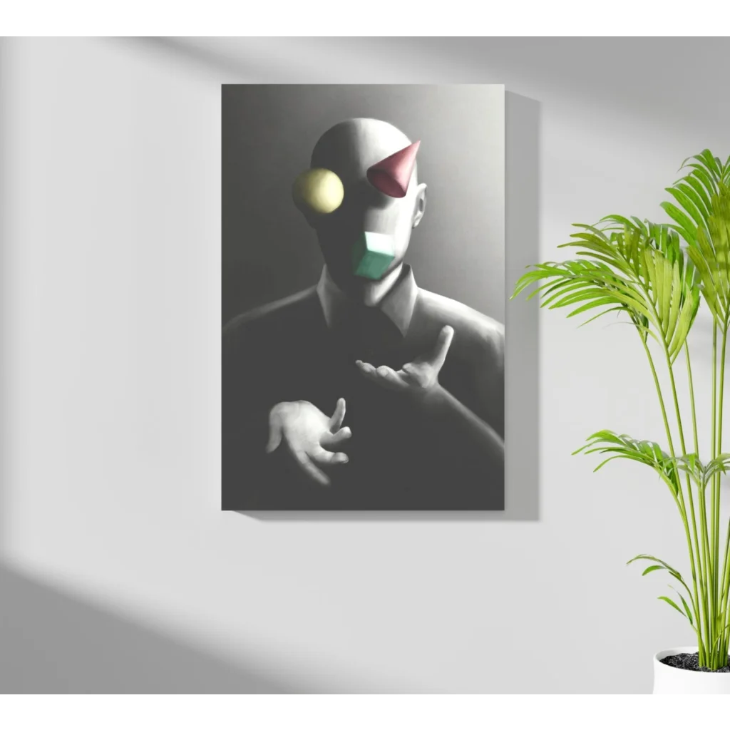 Stylized geometric face on Insigne aluminum print with yellow sphere, red cone, green cube