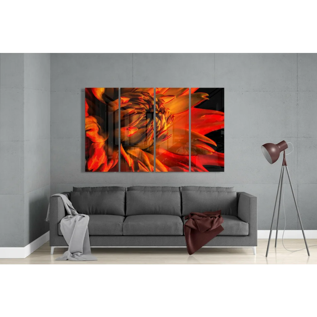 Stunning orange dahlia glass wall art four panel set on wall