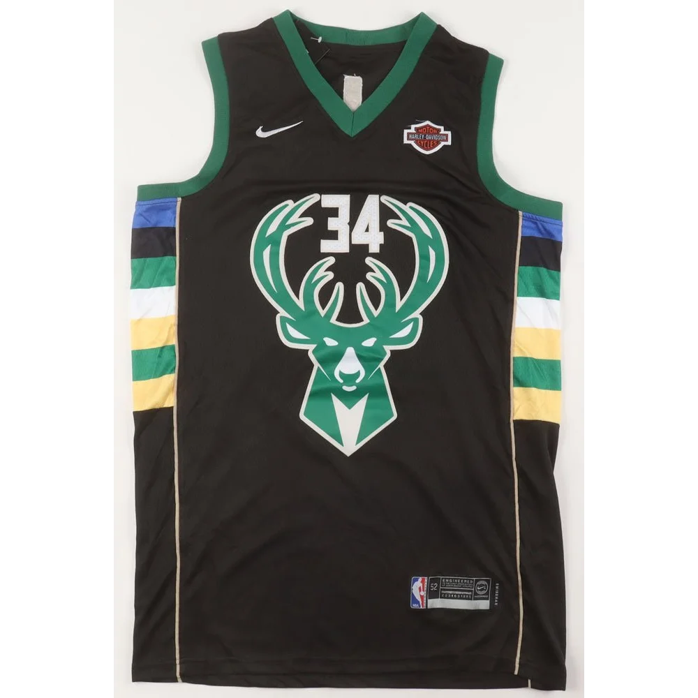 Black Milwaukee Bucks jersey with green and white deer logo and side stripes, perfect for Giannis Antetokounmpo fans