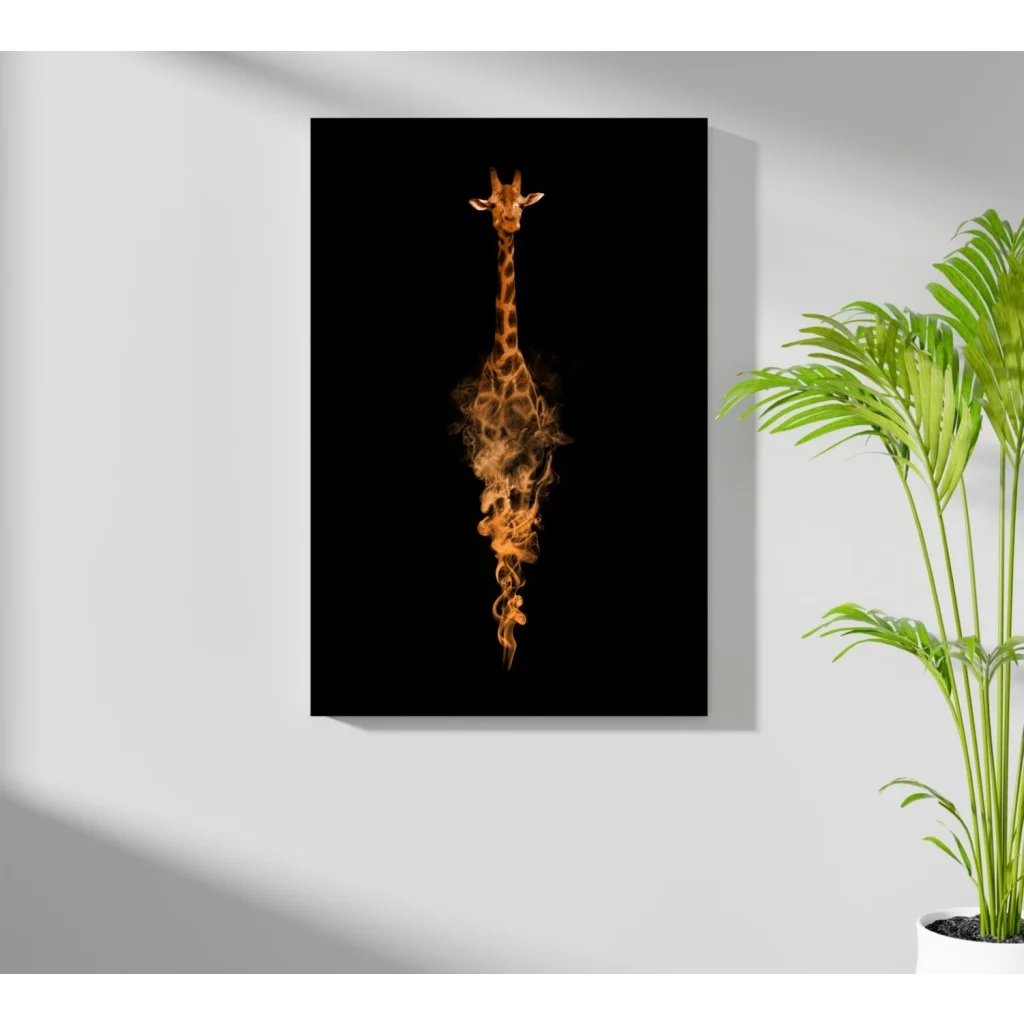 Flaming giraffe in orange flames on insigne aluminum prints wall art