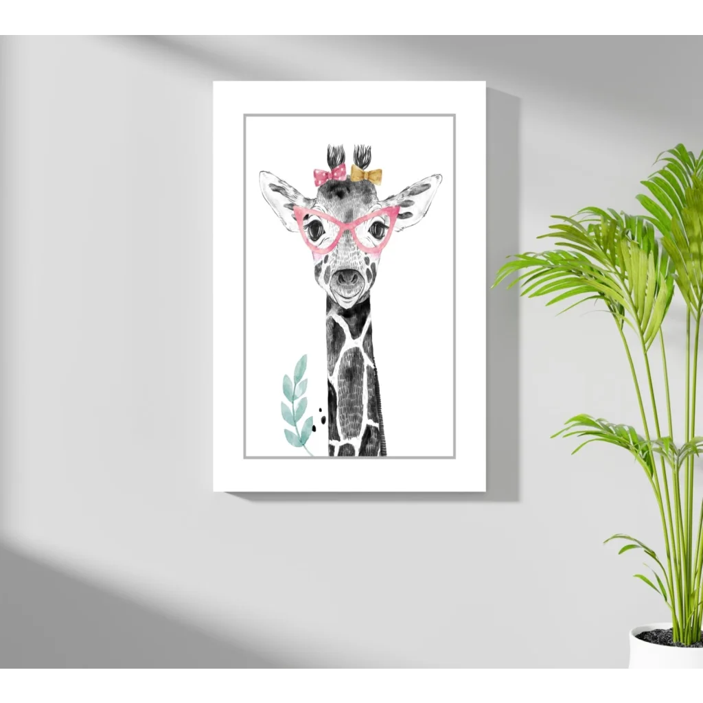 Charming watercolor giraffe in pink glasses on Insigne aluminum print