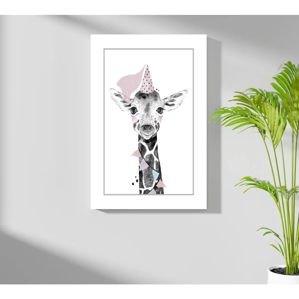Stylized giraffe in party hat on Insigne aluminum print, white frame