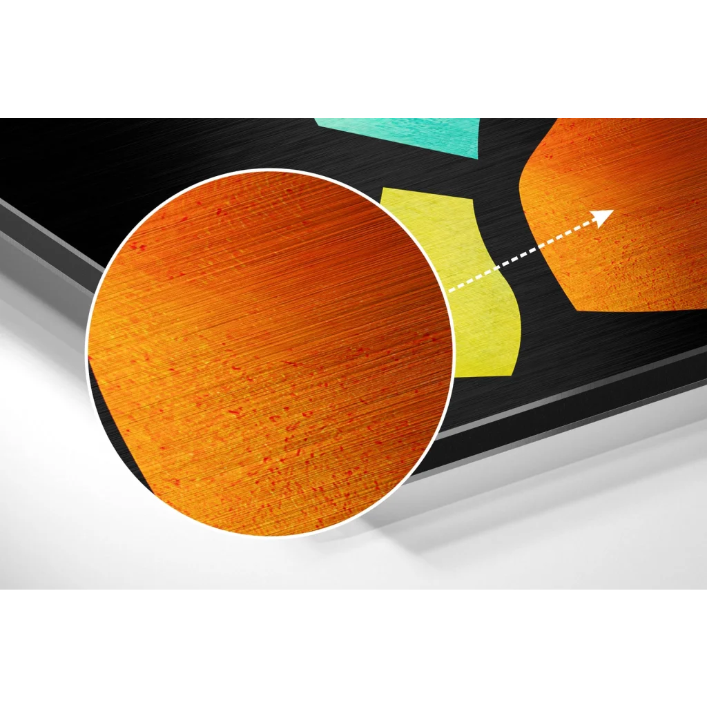 Brushed aluminium dibond art print with orange textured surface