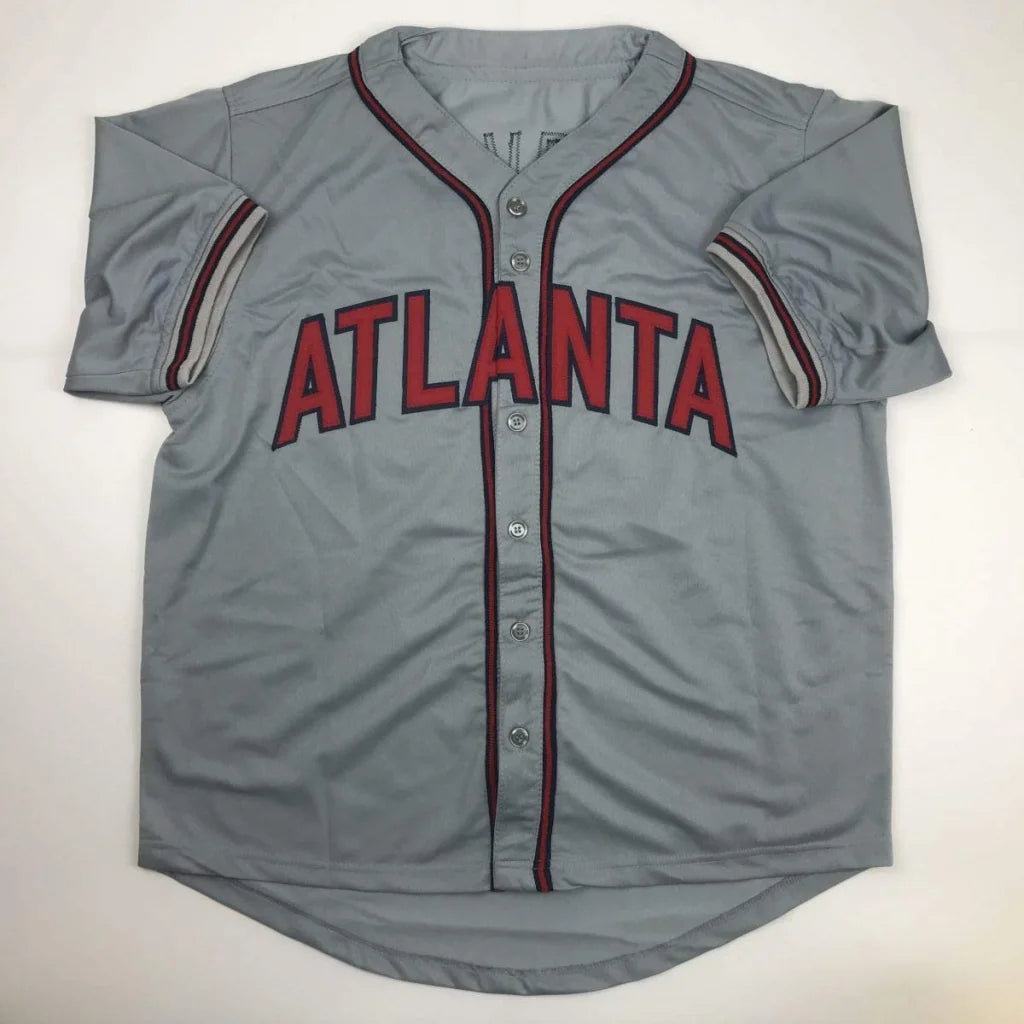 Gray baseball jersey with red Atlanta lettering, perfect custom jersey for pro sports fans