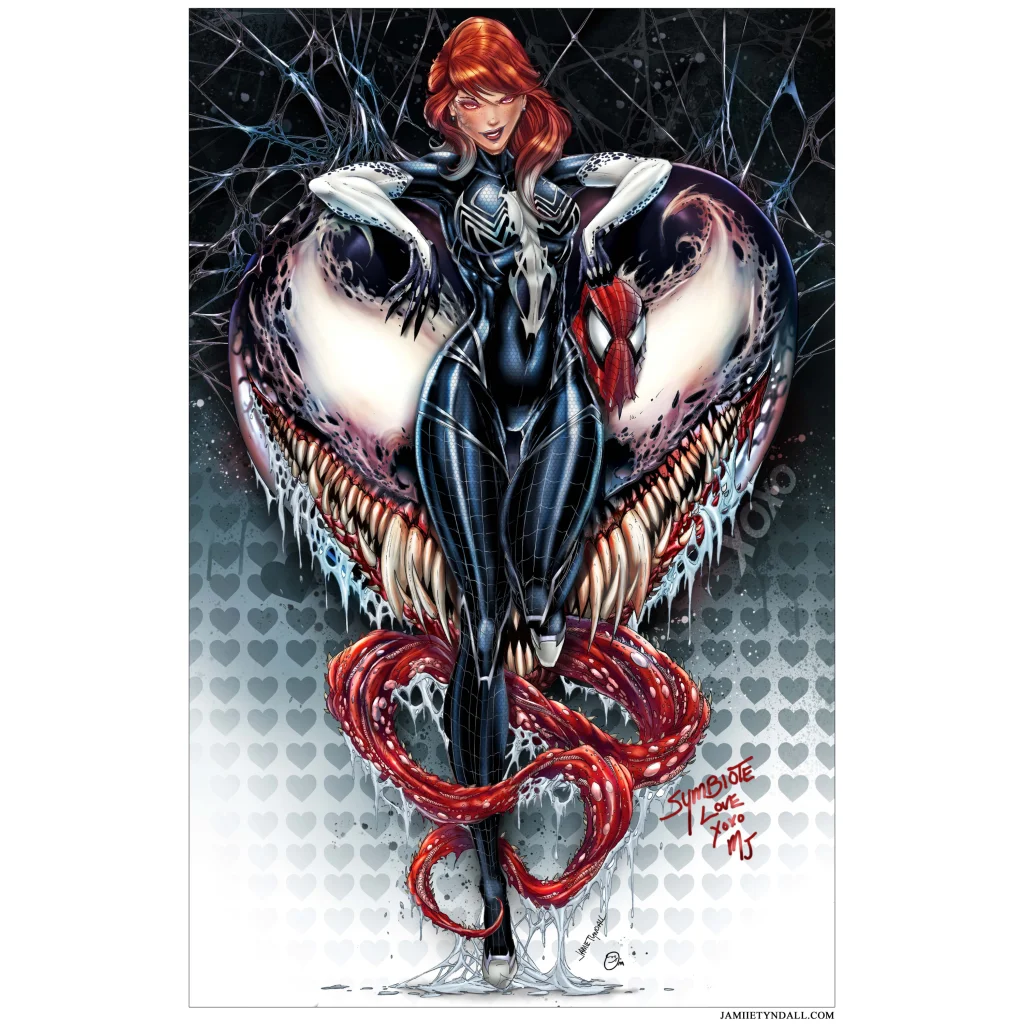 Glossy black and white spider-woman costume on brushed aluminum print