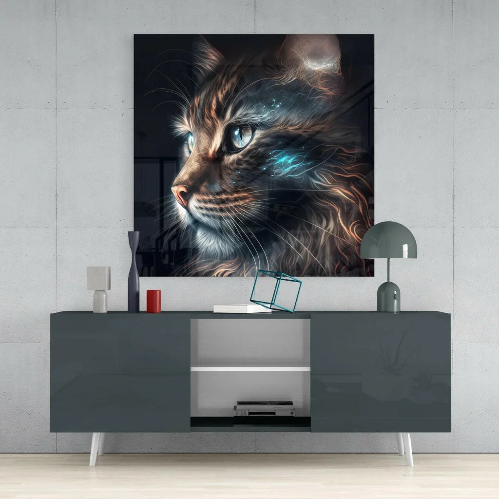 Glowing cat glass wall art with fiery fur and blue eyes on display