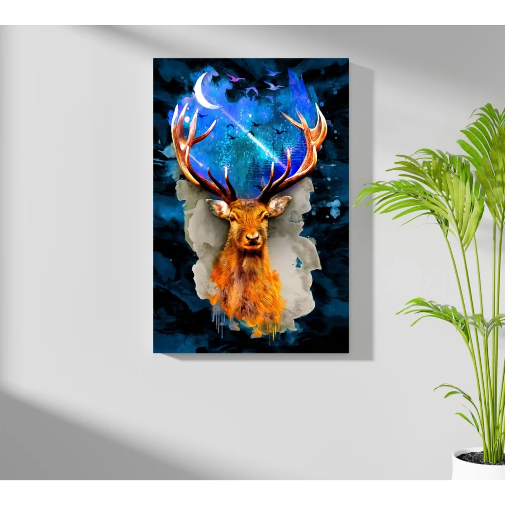 Glowing cosmic deer aluminum print with celestial magic and flying birds