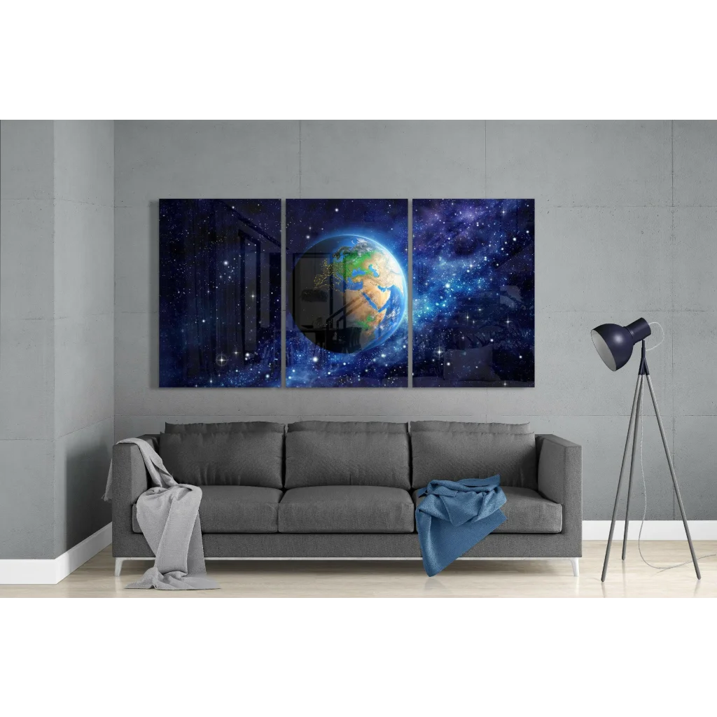 Glowing Earth triptych canvas wall art with cosmic nebula stars