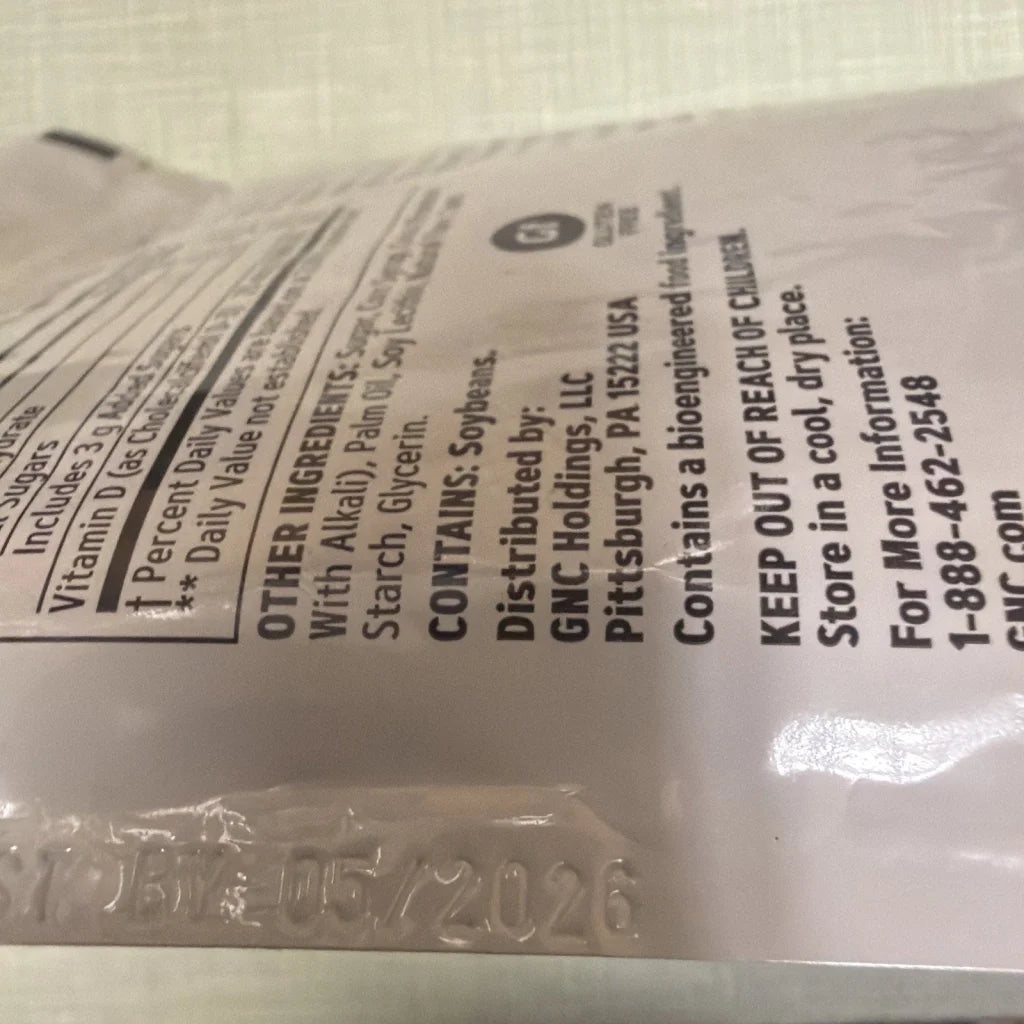 Back of GNC Vitamin D-3 soft chews 1000IU chocolate package