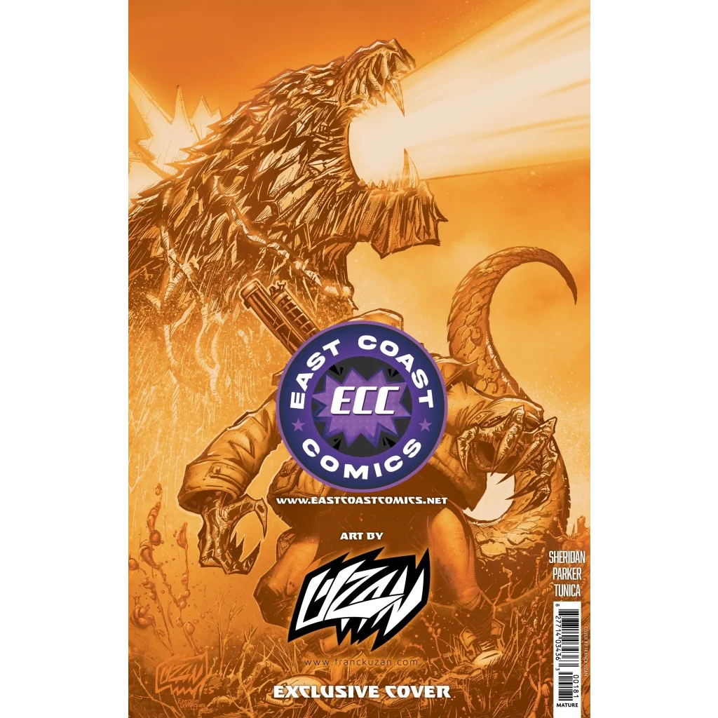 Godzilla Universe exclusive Franck Uzan variant comic cover with Godzilla and human character