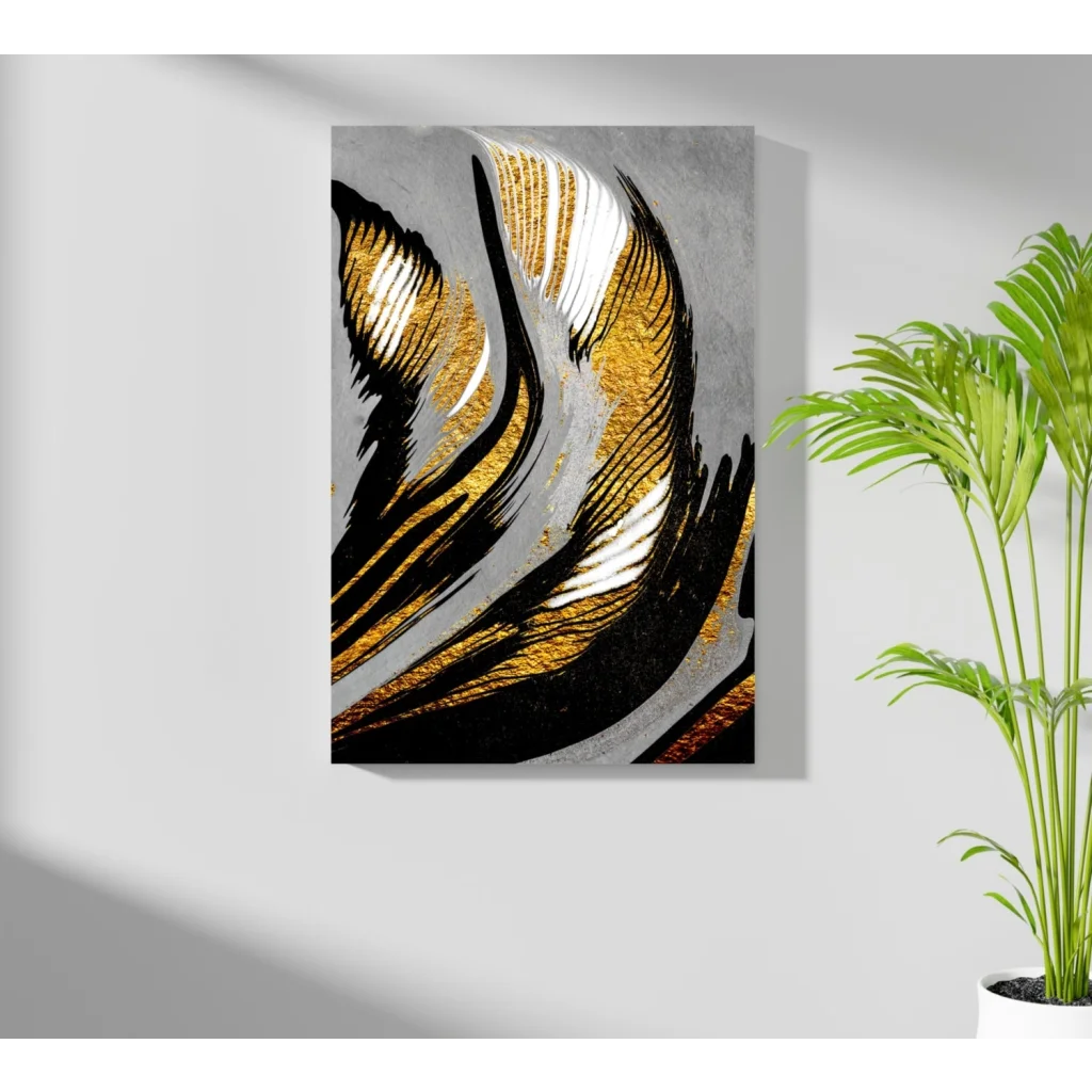 Stunning gold black abstract insigne aluminum print with bold black, gold leaf, and white brushstrokes on textured gray background