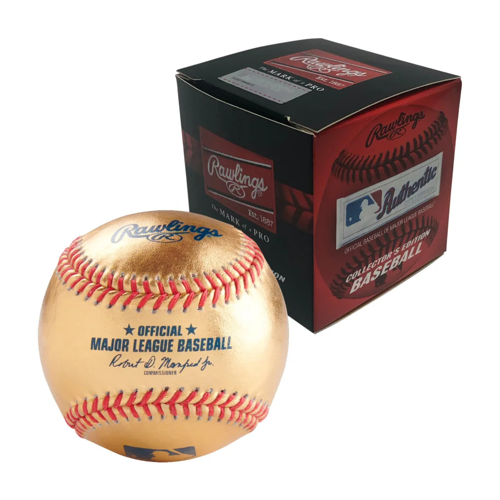 Gold Rawlings MLB Game Ball with red stitching and official Major League logo