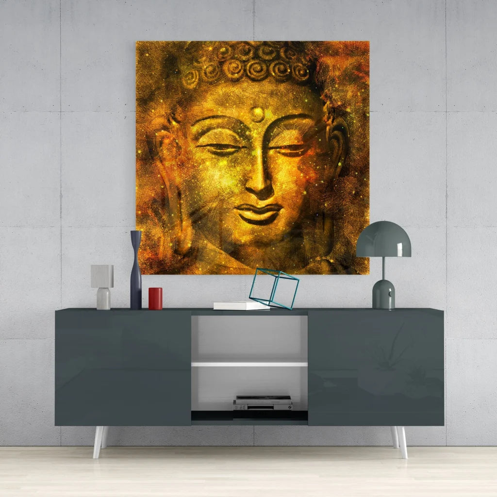 Golden Buddha tempered glass art with cosmic swirls