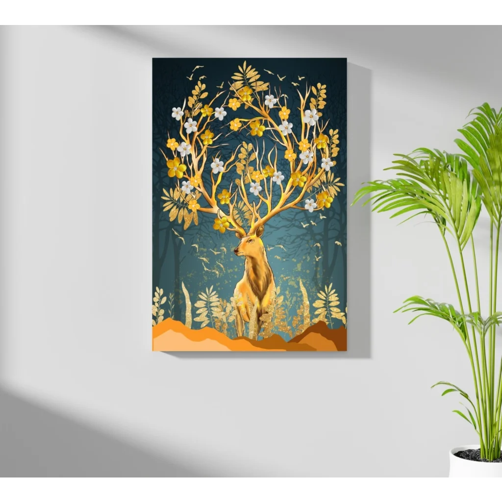 Golden floral deer insigne aluminum print on teal background