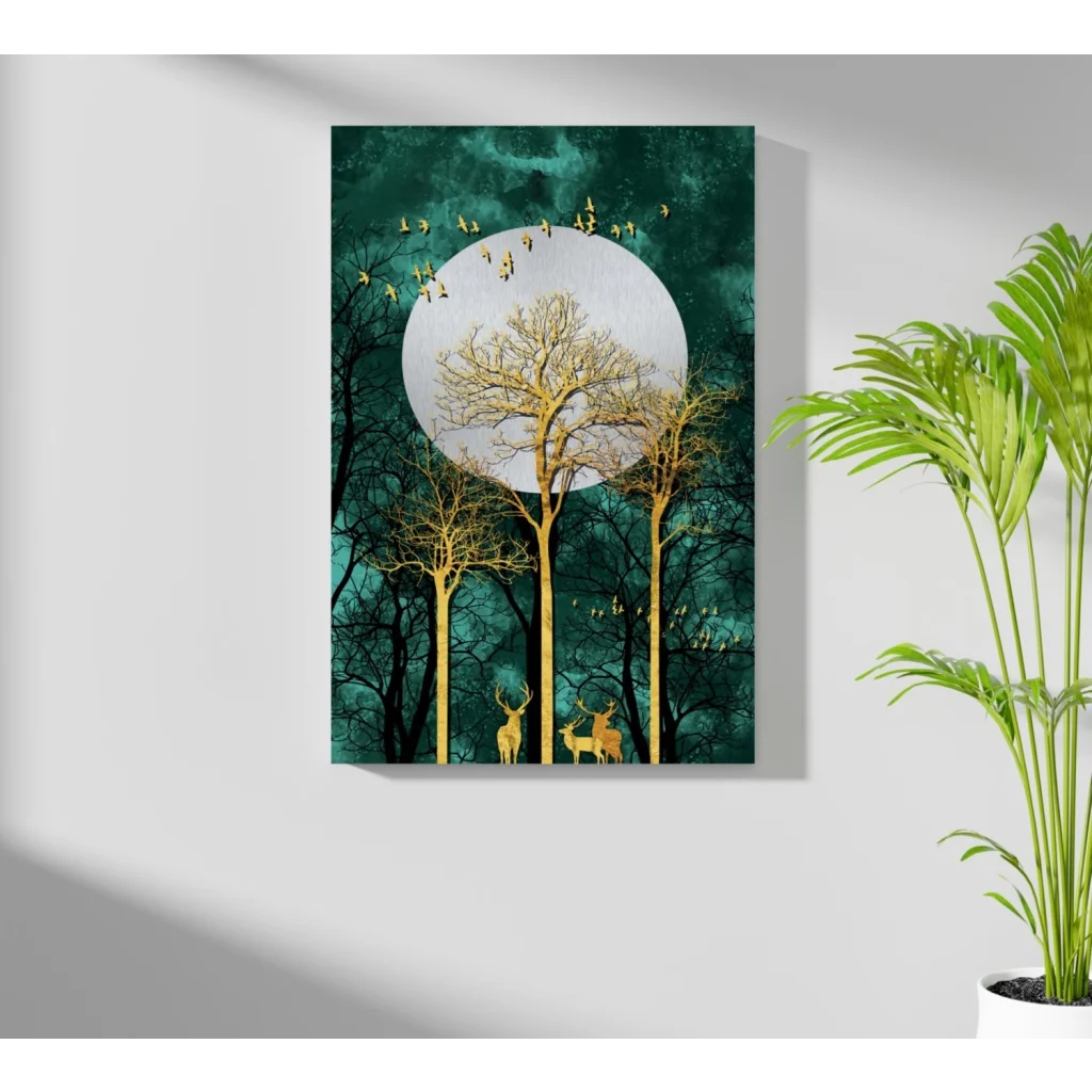 Golden Forest Deer Insigne Aluminum Print with Teal Moon