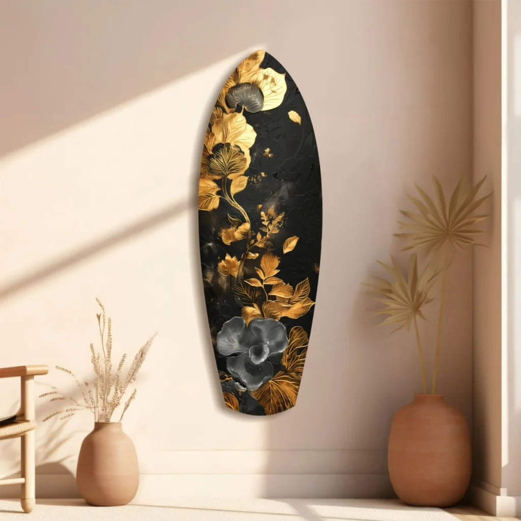Stunning black surfboard tempered glass art with golden flower design