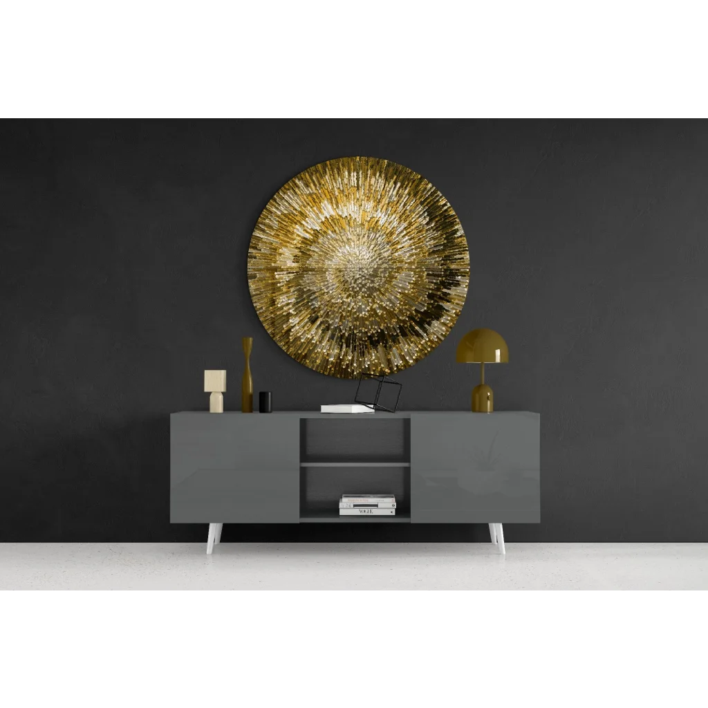 Radiant sunburst tempered glass art in gold and silver