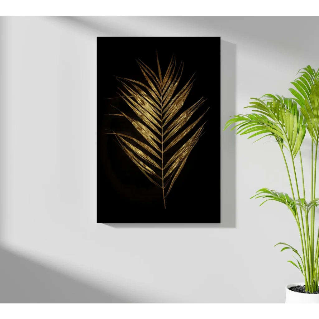 Sleek golden palm frond on insigne aluminum print, black canvas style