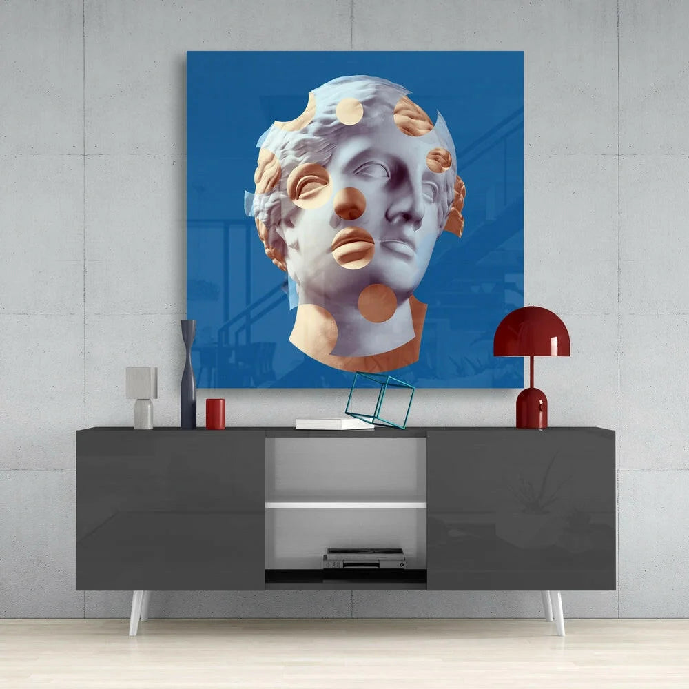Blue glass wall art with golden marble bust and abstract design